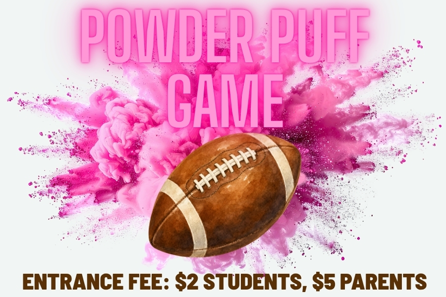Powder Puff Game text, prices listed as in details, pink powder exploding football
